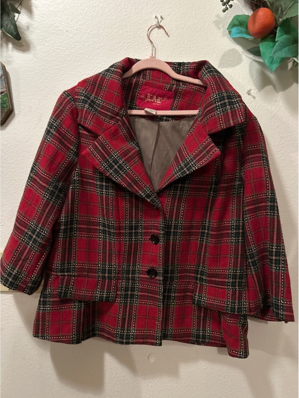 LAL Live a Little Red Plaid Wool Blend Peplum Jacket